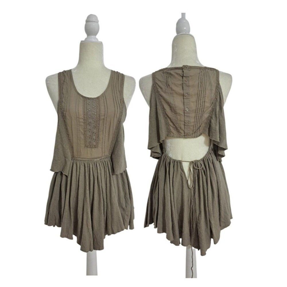 Free People Women's Boho Tunic Top Sage Linen Blend  Open Back Summer Sz Small